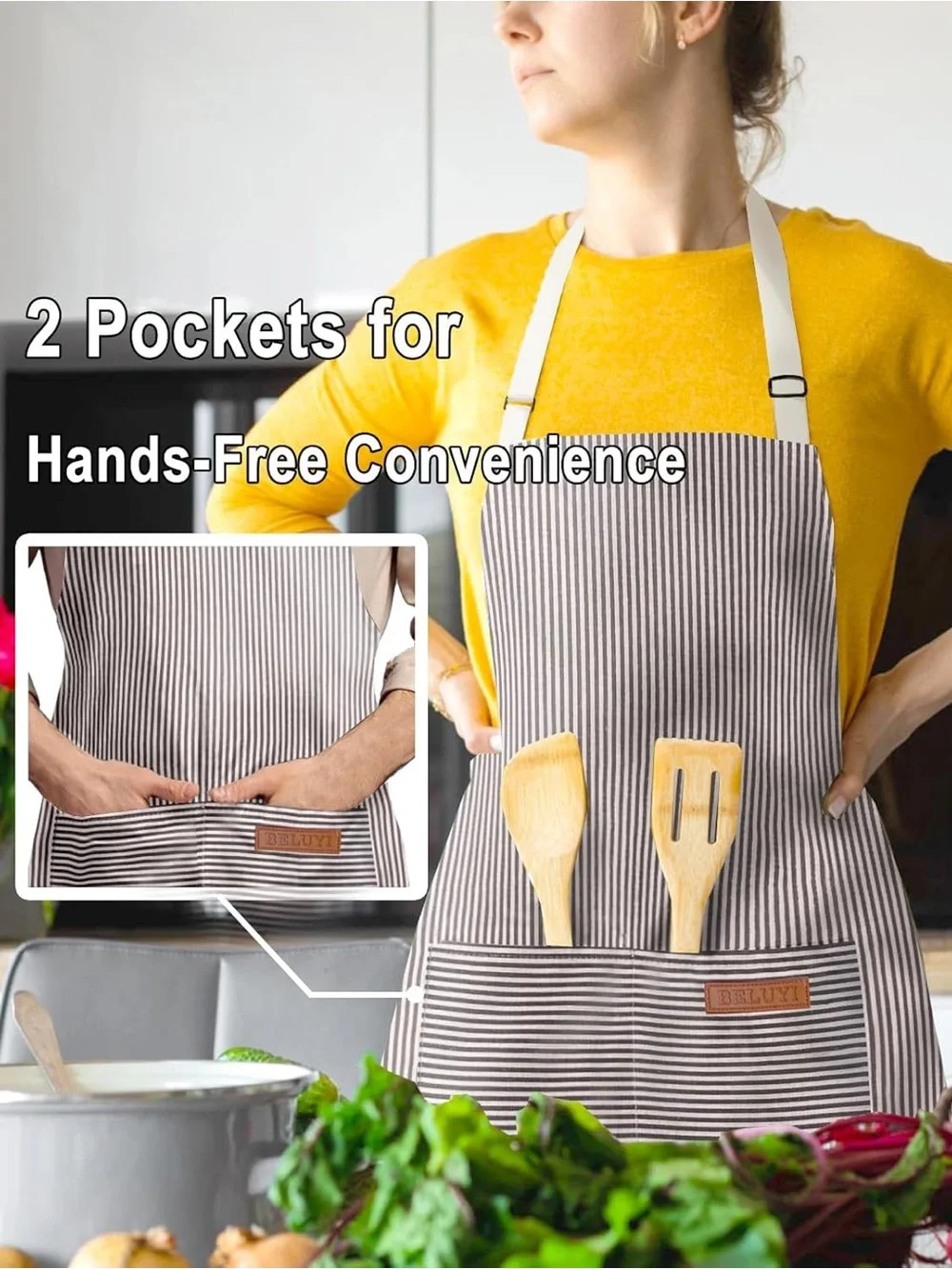 Striped Apron Dress with Beige Ties - Black & White